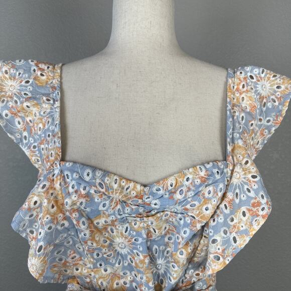 Lovers & Friends Tulip Mini Dress Size M Booklyn Eyelet Blue Floral Cotton - Picture 2 of 8